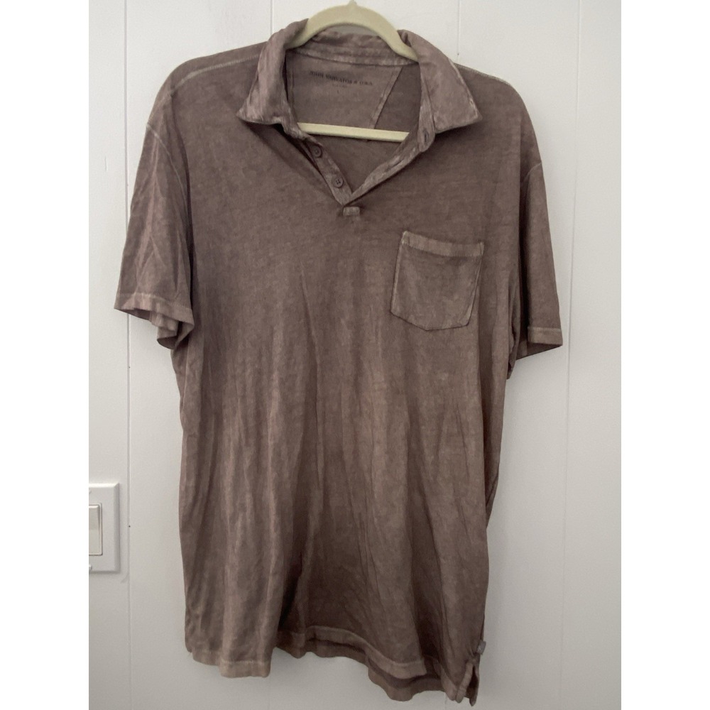John Varvatos USA Mens Polo Shirt L Brown Peace‎ Logo Designer Single Stitch